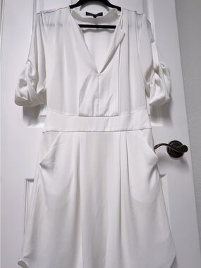 BCBGMaxAzria White V-Neck Mini Dress with Roll-Tab Sleeves